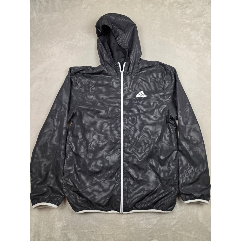 Adidas Hooded Windbreaker Jacket Mens M Black Stripe Full Zip Mesh Lined *Read